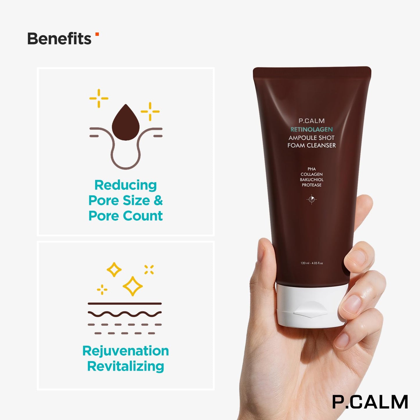 P.CALM Retinolagen Ampoule Shot Foam Cleanser | Retinol, Vegan Hydrolyzed Collagen & PHA for Deep Pore Cleansing, Skin Texture Care & Hydration, Glass Skin | Korean Skincare, 120ml / 4.05 fl. oz