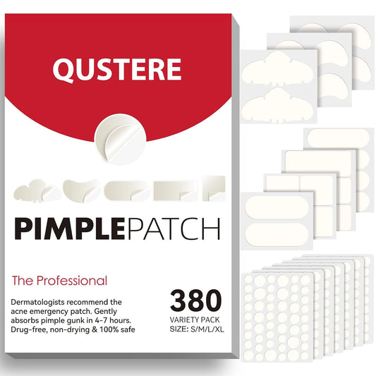 Large Hydrocolloid Acne Patches - QUSTERE Pimple Stickers with Tea Tree & Salicylic Acid | 8 Sizes | 380 Count