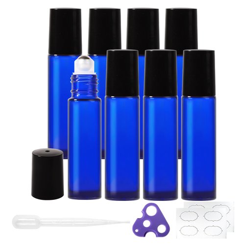 StellaCare Roller Bottles for Essential Oils,10ml Empty Glass Perfume Bottles with Stainless Steel Roller Balls, Opener,Droppers,Labels,8 pack Roll on Bottles