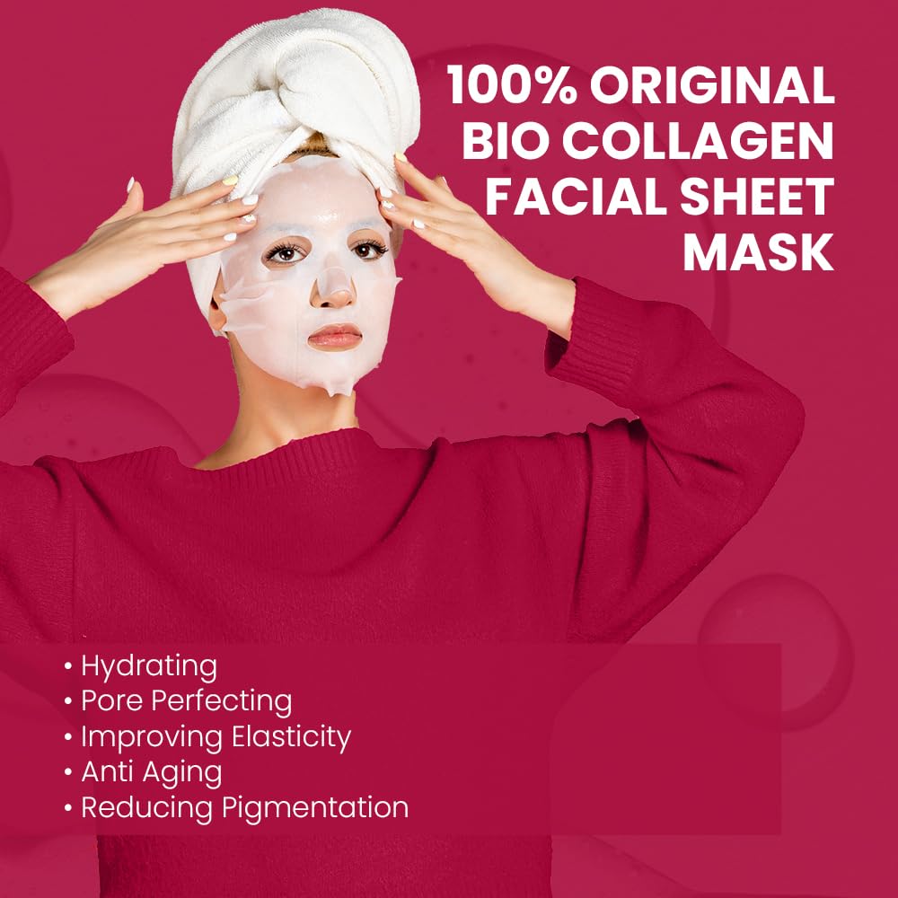 BeautiQueoos Bio Collagen Face Mask - Real Masks Deep Hydration, Reduce Wrinkles, Night Treatment Pore Minimizing Moisturizing Korean Skincare,34g x4ea