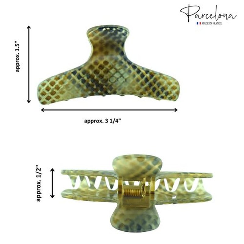 Parcelona French Flat Salon Style Olive Green Medium 3 1/4" Celluloid Covered Spring No Slip Grip Jaw Hair Claw Clip Clamp for Women and Girls, Made in France