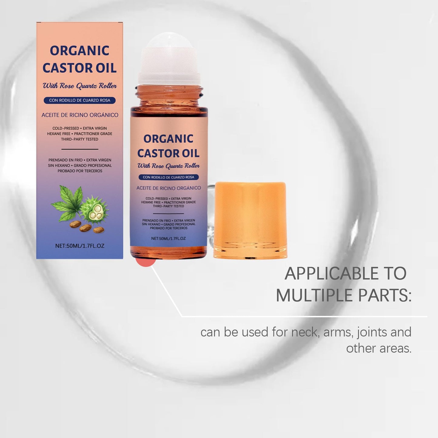 FLEXQW castor oil rose quartz roller ball,100% Pure Cold-Pressed, Organic Castor Oil Roll On Rose Quartz, Hexane-Free,Amber Glass Bottle for Skin 1.7oz(3)
