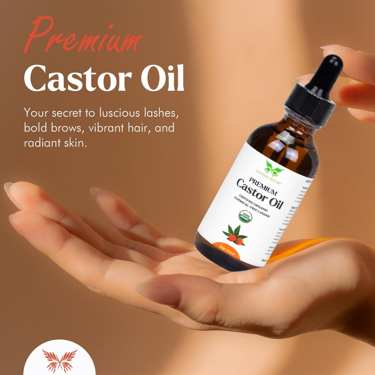 Celestial Psyché USDA Certified Organic Castor Oil (4 Oz with Essential Bundle - Eyebrow Kits) 100% Pure Natural, Chemical-Free, Hexane-Free, Promote Lash, Brow, and Hair Growth, Skin Hydration
