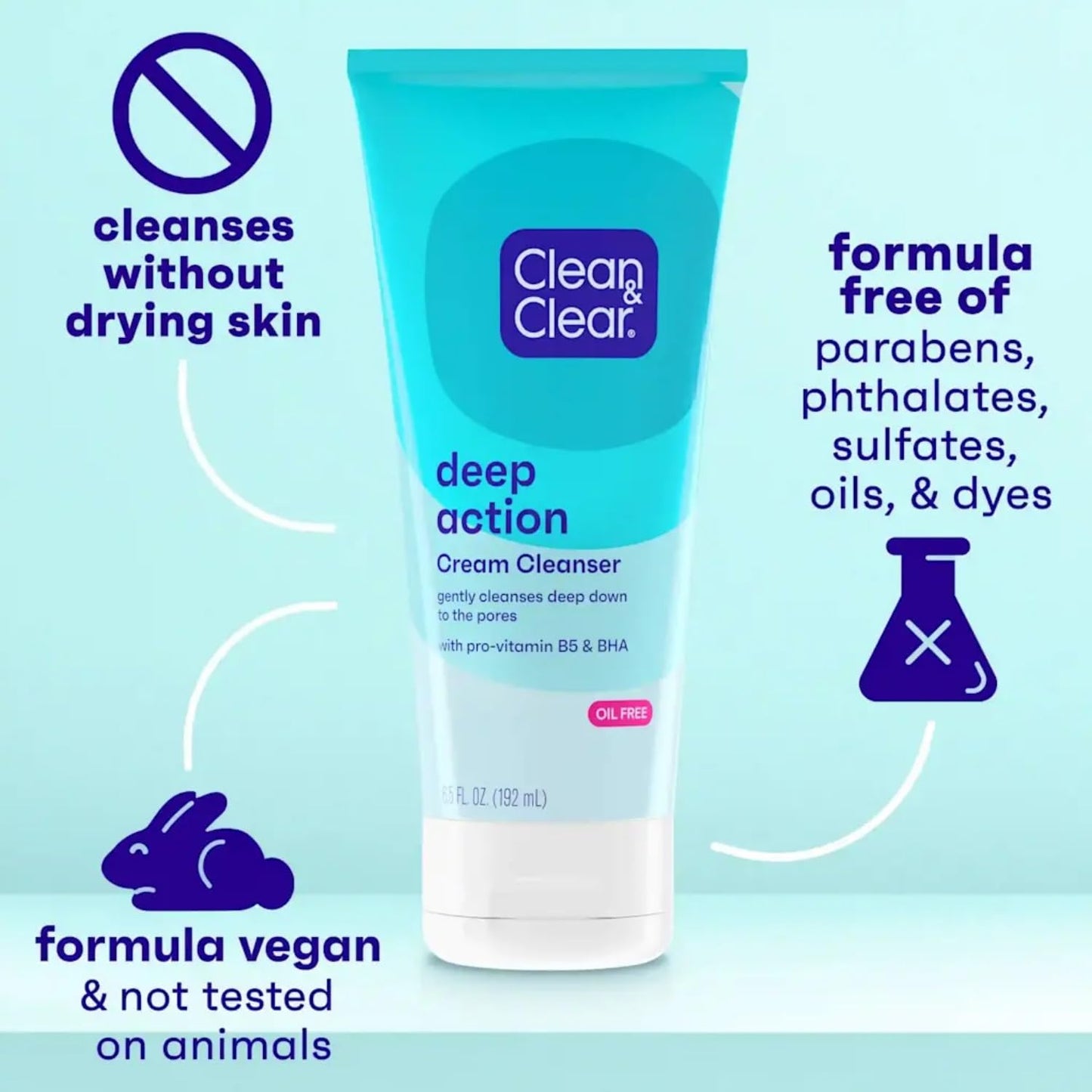 Clean & Clear Oil-Free Deep Action Cream Facial Cleanser with Salicylic Acid Acne Medication, Cooling Face Wash for Deep Pore Cleansing of Acne-Prone Skin, 6.5 oz