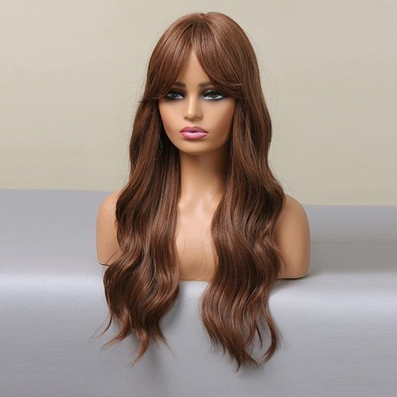 BERON Brown Wigs Long Wavy Women Wigs with Bangs Light Brown Curly Heat Resistant Synthetic Wigs for Daily Wigs Wig Cap Included