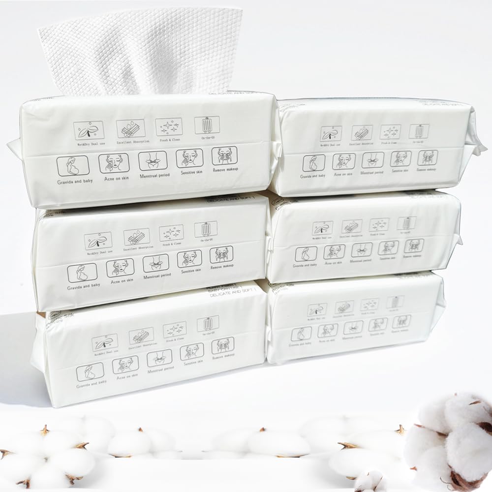 Disposable Cotton Facial Cleansing Dry Wipes, White, Soft Towelettes for Face, 600 Count (Pack of 6)