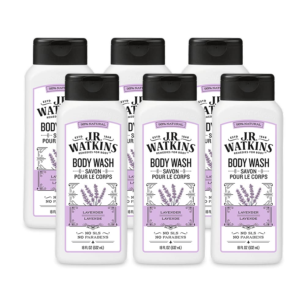 J.R. Watkins Natural Daily Moisturizing Body Wash, Hydrating Shower Gel for Men and Women, Free of SLS, Cruelty Free, Lavender, 18 fl oz, 6 Pack