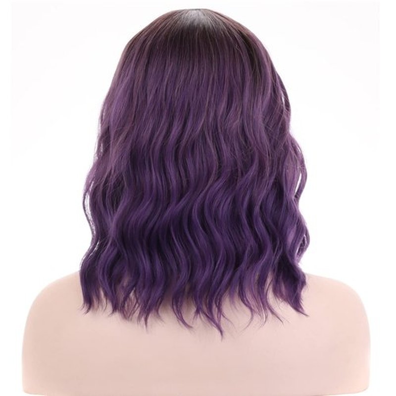 BERON 14 Inches Purple Wig Short Curly Wig with Bangs Synthetic Wigs Women Girls Dark Roots Ombre Purple Wigs with Wig Cap