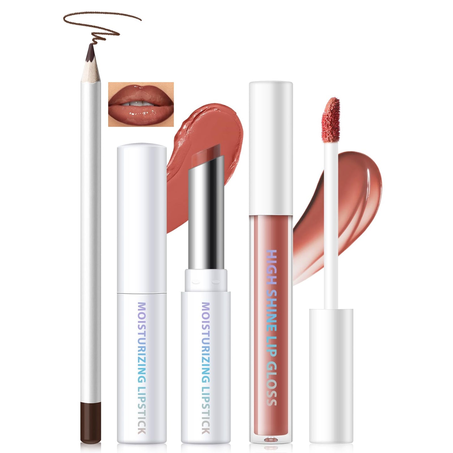 Noerrors 3PCS Lip Liner Tinted Lip Balm and Lip Gloss Combo Set, Lip Kit with Brown Lip Pencil Moisturizing Nude Lipstick and High Shine Lip Glow Oil, Hydrating Long Wear Plumping Lip Trio for Women