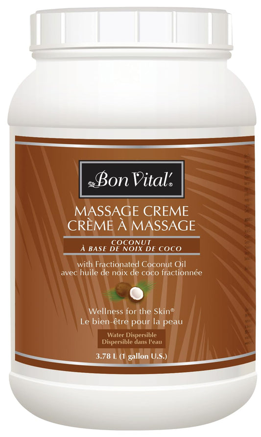 Bon Vital' Coconut Massage Crème Made with 100% Pure Fractionated Coconut Oil, Massage Cream & Moisturizer to Repair Dry Skin, No Greasy Feel, Anti-Aging Cream for Professional Massage, 1 Gallon Jar