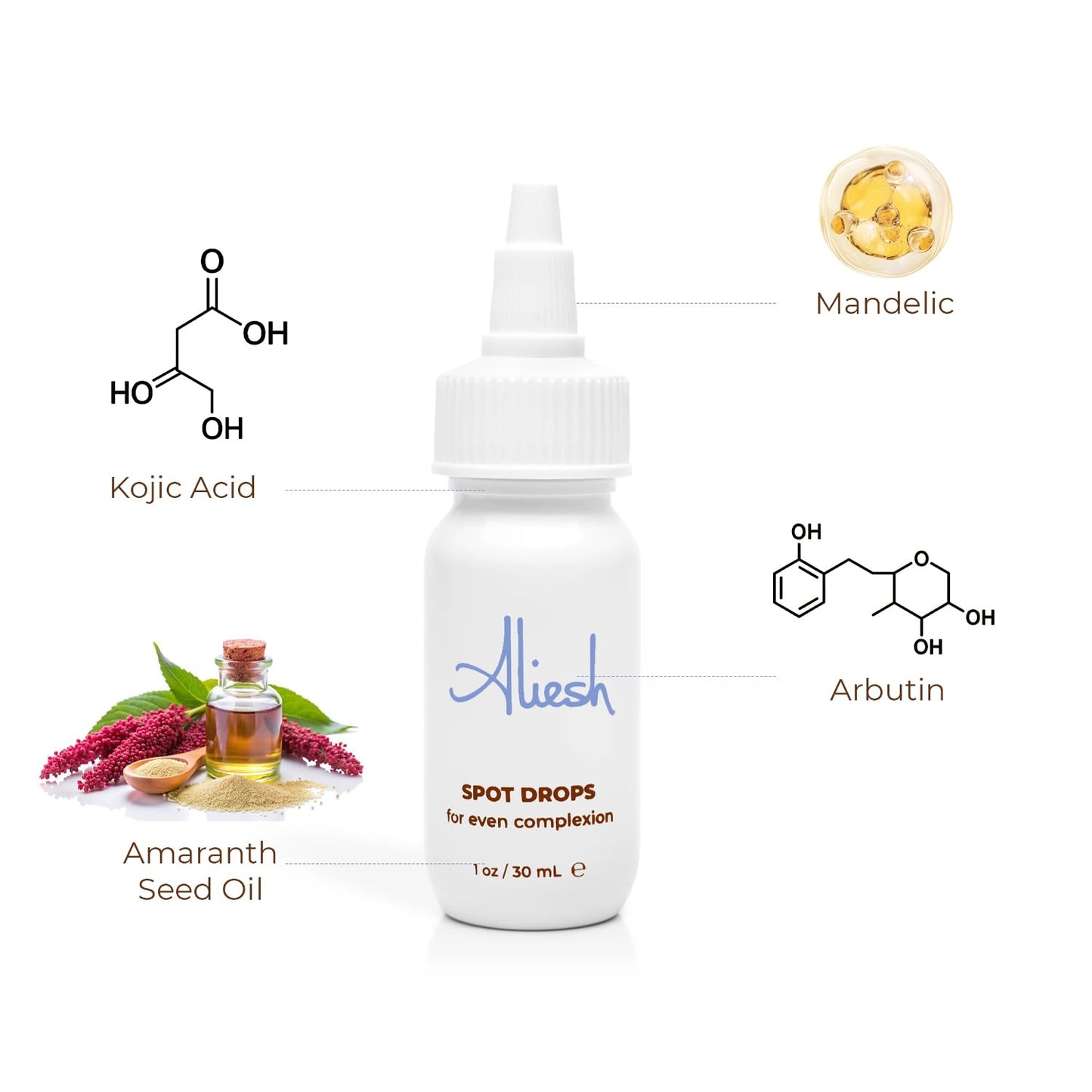 Aliesh Skincare Spot Drops, Brightening Face Serum with Kojic Acid and Arbutin, Dark Spot Corrector, Lightweight Daily Serum for Even Tone and Glow (1oz)