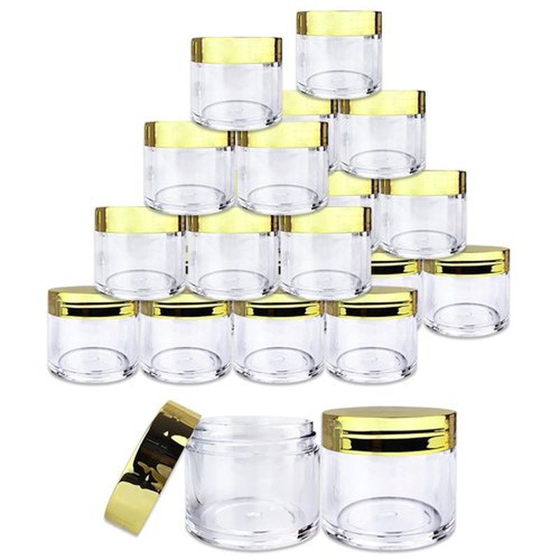Beauticom 30g/30ml (1 fl. oz.) Double Wall Clear Plastic Leak Proof Jars with Flat Top Lids for Creams, Lotions, Make Up, Powders, Glitters, and more... (Color: Metallic Gold, Pieces: 24)
