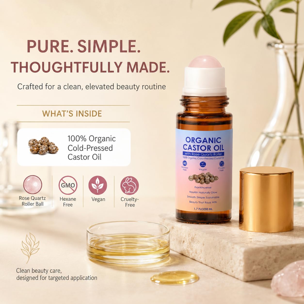 TOGOLIUN Organic Castor Oil Roll On with Rose Quartz Roller Ball, Cold-Pressed Hexane-Free, 100% Pure, Unscented Golden Castor Oil for Face, Neck, Brows, Lashes & Body, Unscented, 1.7 Fl Oz