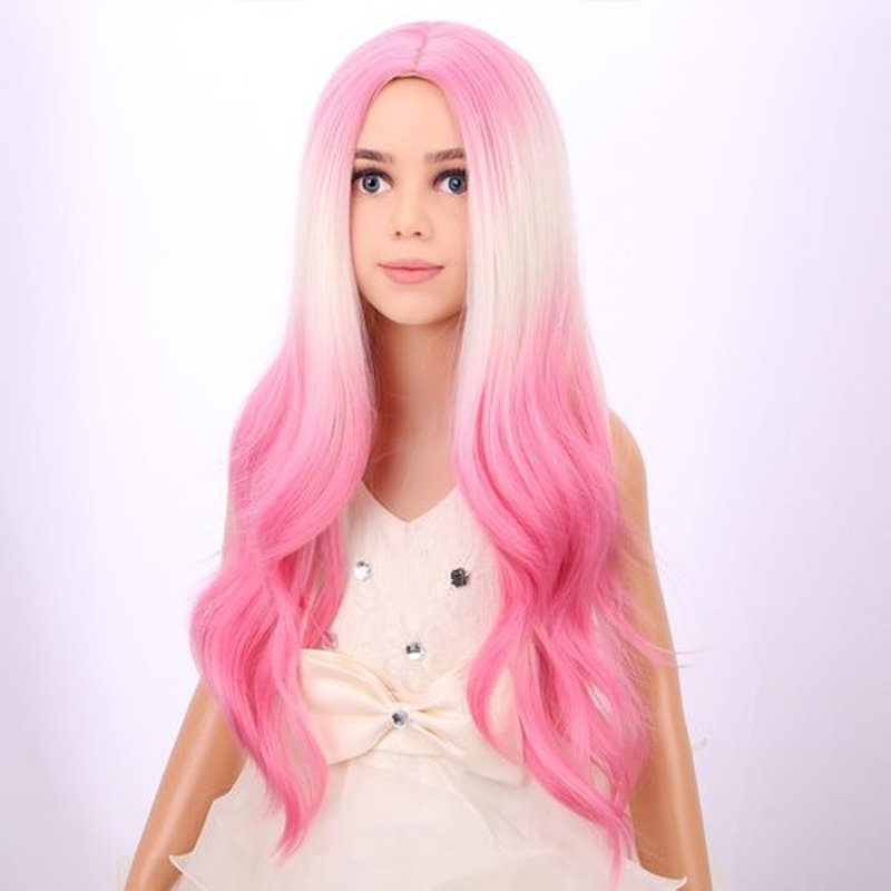 PATTNIUM Ombre Pink Wig Kids Child Wig Long Curly Wavy Lovely Pink Wig Blonde to Pink Wig Middle Part Girls Wig Heat Resistant Synthetic Hair Wig with Wig Cap