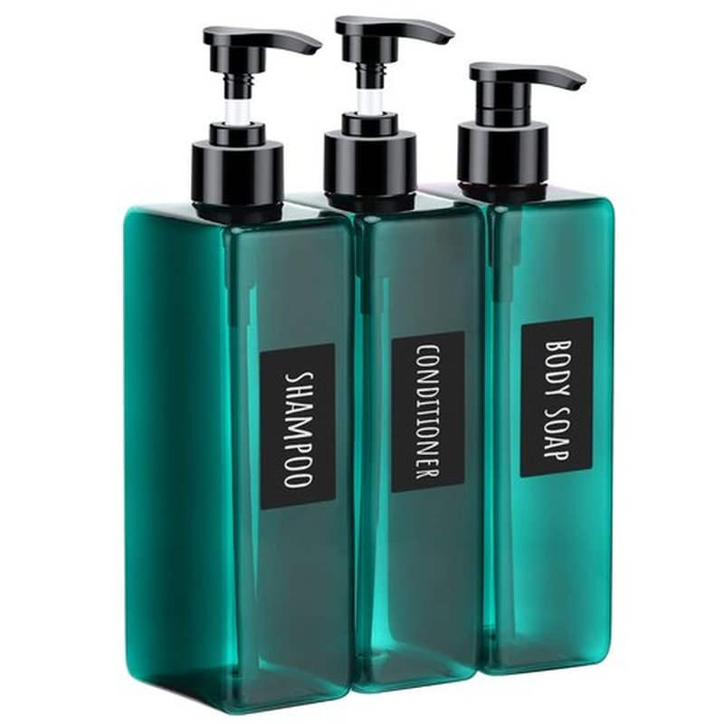 Segbeauty Shampoo Conditioner Bottles, 3pcs 16.9oz 500ml Pump Press Dispenser with Labels, Empty Plastic Refillable Reusable Lotion Body Soap Liquid Soap Gel Bathroom Shower Containers Light Sea Green