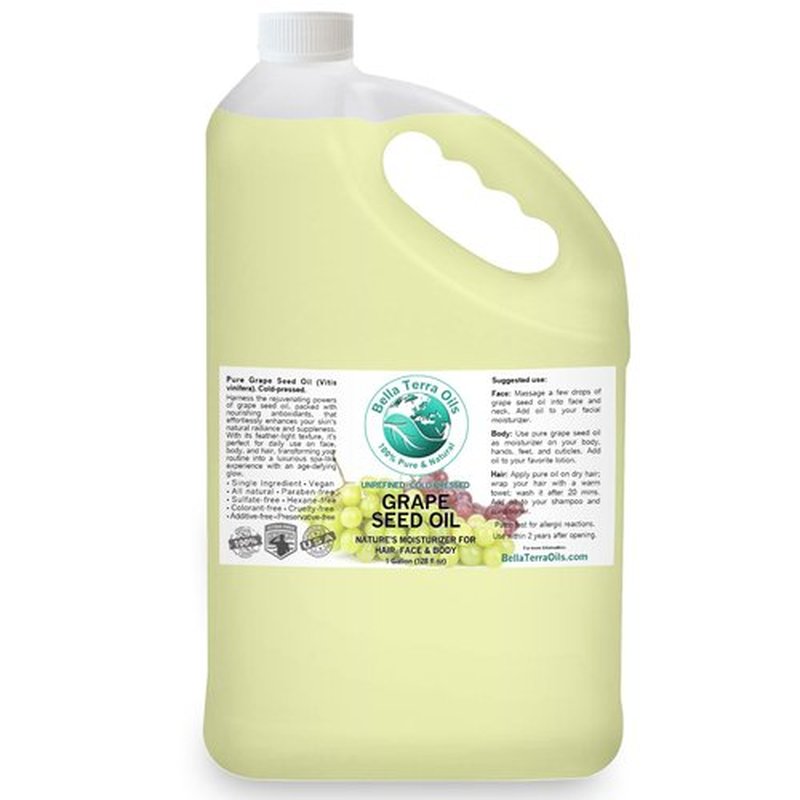 Bella Terra Oils Pure Grape Seed Oil – 1 gallon, Antioxidant-Rich, Lightweight, Radiant Skin, Frizz-Free Hair, Silky Touch
