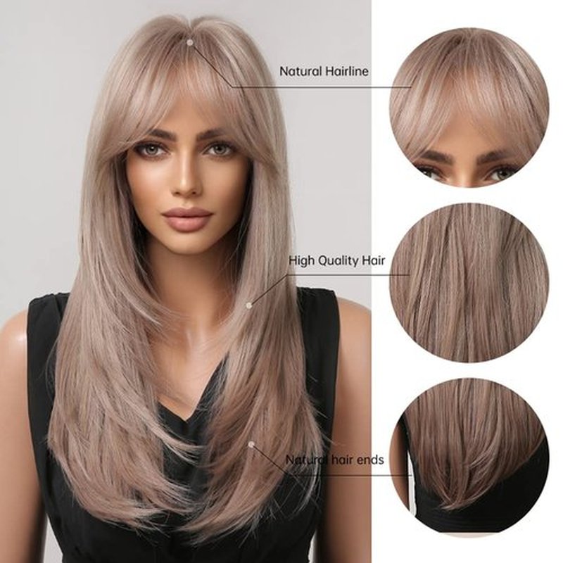 BERON Brown Blonde Wig Long Layered Wig with Bangs Brown Mix Blonde Wig Layered Wig Ash Blonde Wigs for Women Natural Synthetic Wigs for Daily Use