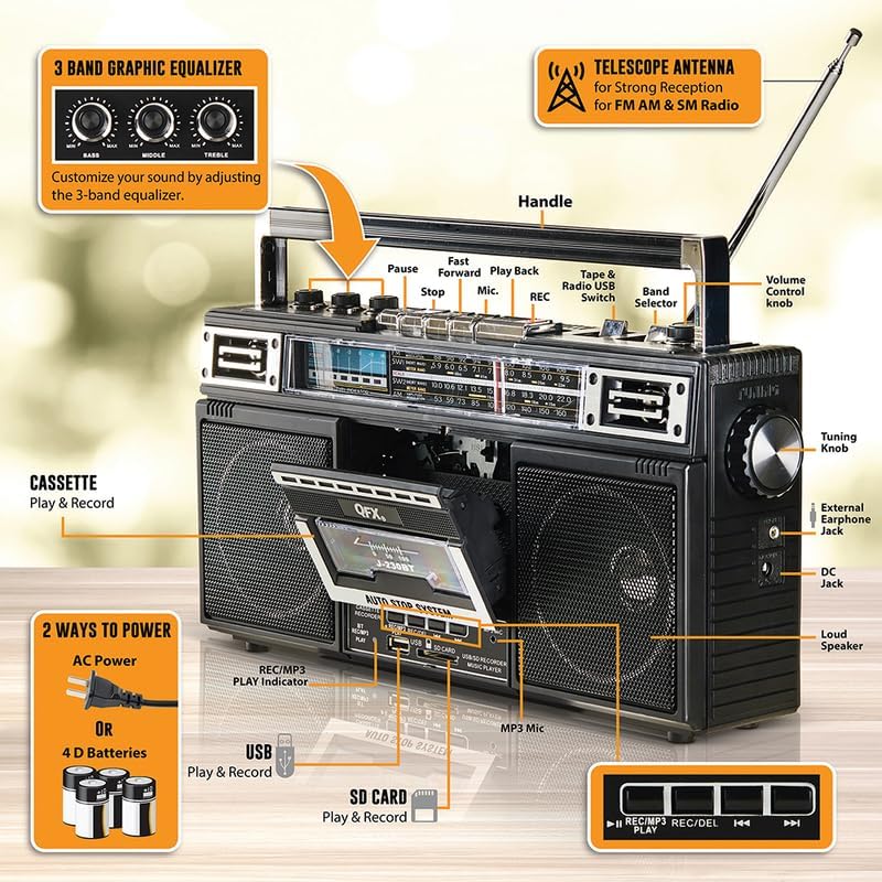 Bluetooth Cassette Boom Box | USB/SD Card AM/FM Radio with Recording & Built-in Mic