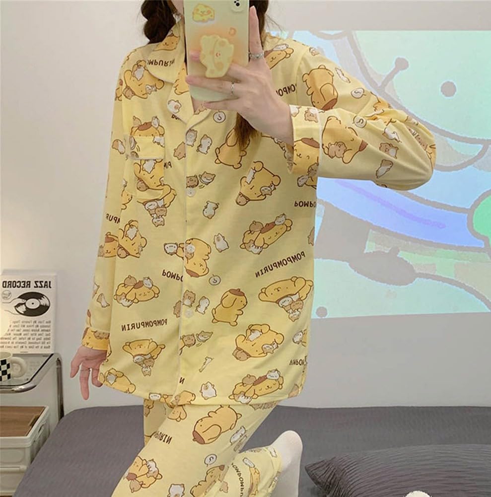 WANHONGYUE Cartoon Printed Pajamas for Women Girls Long Sleeve Shirt with Pj Pants Sleepwear Home Wear 2 Piece Pajama Sets Yellow M