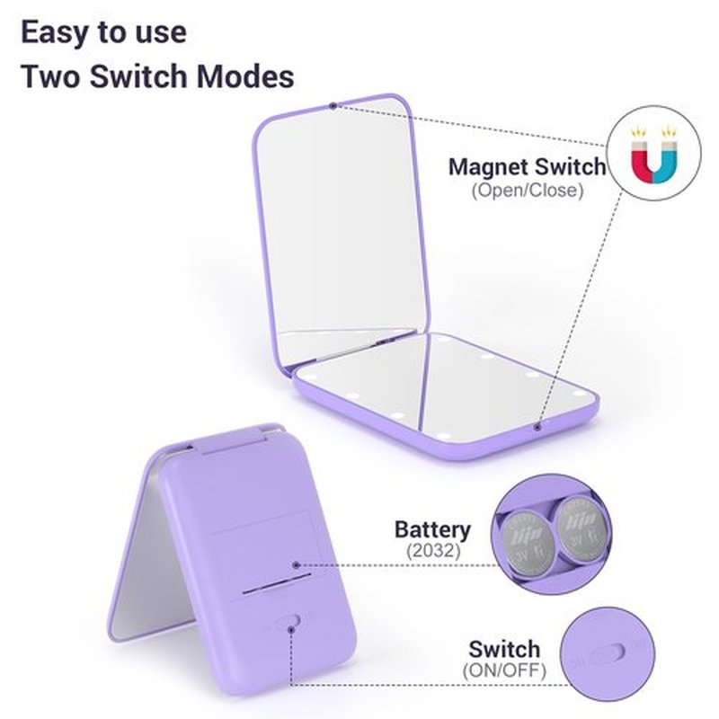 Kintion Pocket Mirror, 1X/3X Magnification LED Compact Travel Makeup Mirror with Light for Purse, 2-Sided, Portable, Folding, Handheld, Small Lighted Mirror for Gift, Purple