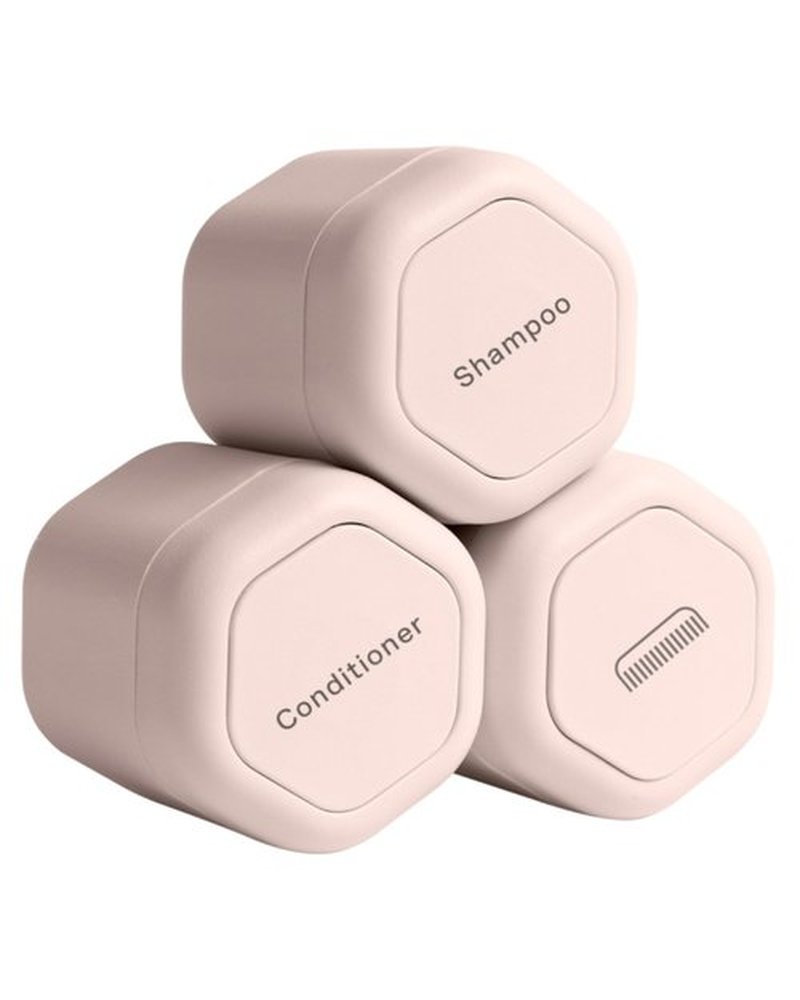 Cadence Travel Containers - Haircare Set - Magnetic Travel Capsules - For Shampoo, Conditioner, Hair Styling Product - 3 Flex Mediums (1.32oz) with Shampoo, Conditioner & Comb Icon Labels - Petal