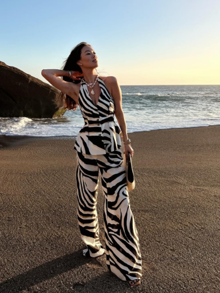 ZUAVIALA 2 Piece Outfits for Women Pants Sets Zebra Print Halter Vest Top and Wide Leg Pants Dailywear Summer Vacation Sets