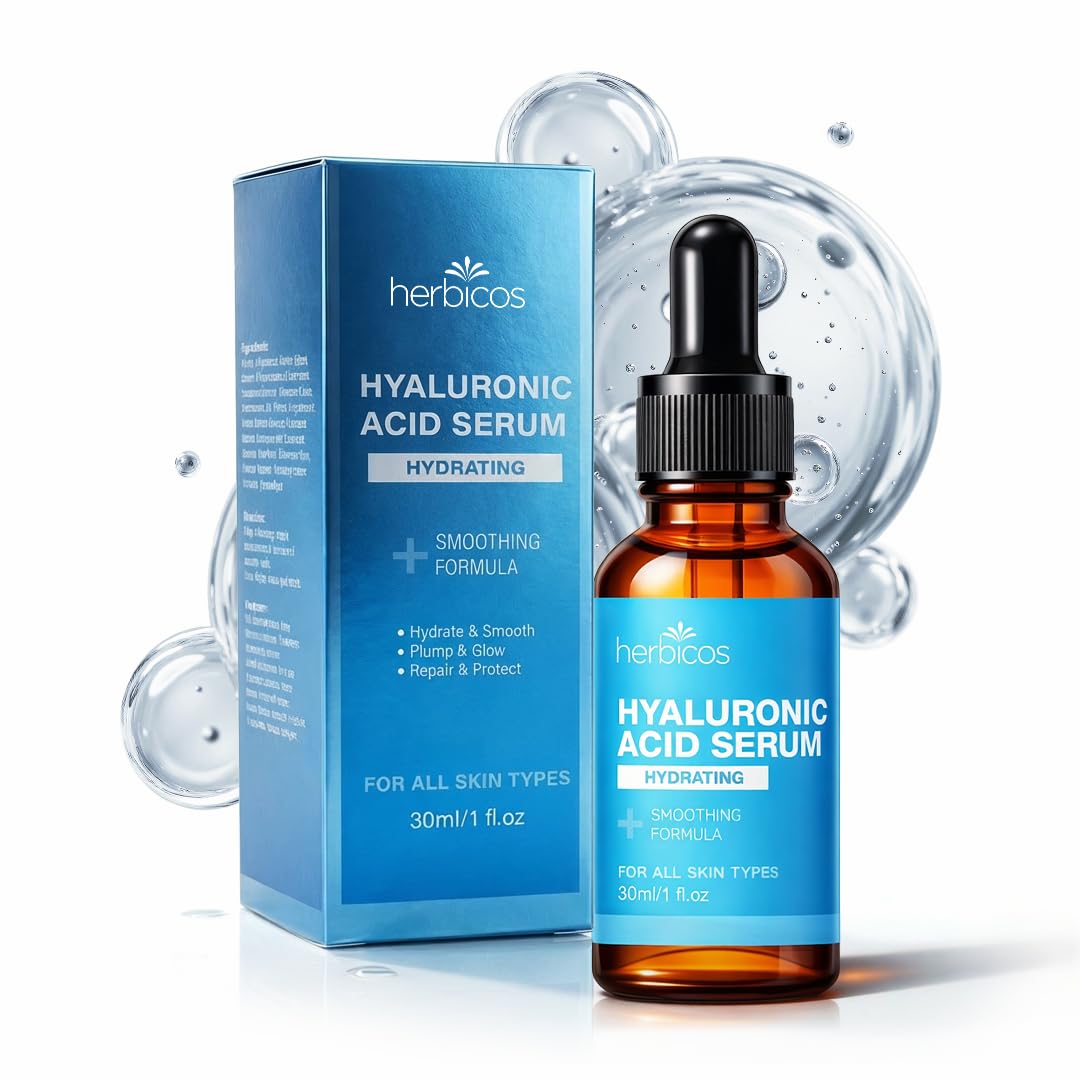 HERBICOS Hyaluronic Acid Serum for Face - 1 Fl Oz with Vitamin C, E & Jojoba Oil - Hydrating Anti-Aging Facial Serum, Brightens & Plumps Skin, Fast Absorbing Non-Sticky Formula