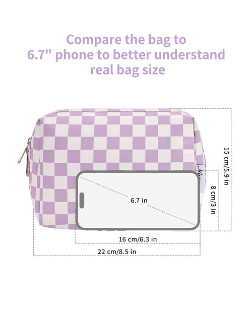Narwey Large Checkered Makeup Bag Zipper Pouch Travel Cosmetic Bag Organizer for Women (Large, Purple Checkerboard)
