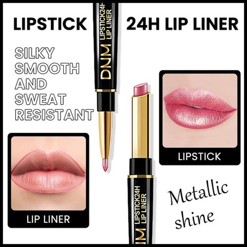 2 in 1 Natural Pink Matte Lip Liner & Lipstick Combination, DNM Metallic Dual Ended Lipstick, Lip Liner, Lip Gloss, 24 Hour all Day Long-Lasting Waterproof Lipliners Pen for Women Lip Makeup Gift 20#