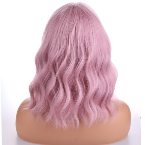 PATTNIUM Pink Wig for Women Short Curly Wavy Bob Wig Pink Wig with Bangs Shoulder Length Wig 12'' Heat Resistant Synthetic Wig (Pink)