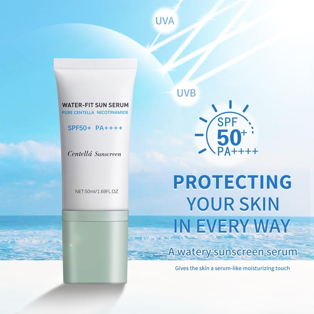 2Pcs Centella Sunscreen, Lightweight Hydrating Centella SPF50+ Water-Fit Sun Serum for All Skin Type and UV Defense