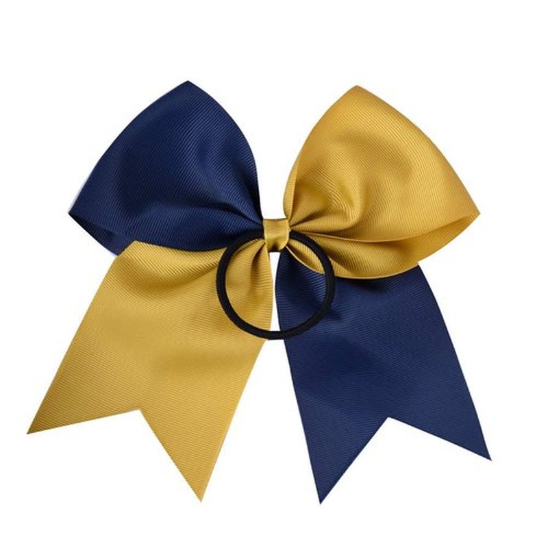 DEEKA 12PCS 8" Two Toned Large Cheer Hair Bows Ponytail Holder Handmade for Teen Girls Softball Cheerleader Sports-Navy Blue/Gold