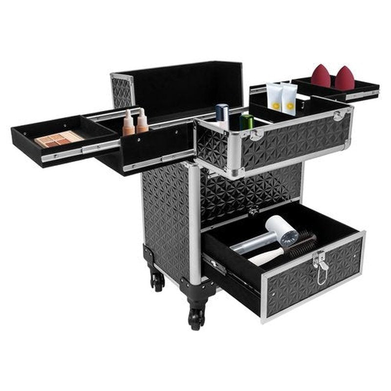 Rolling Makeup Train Case with Drawers, Cosmetic Travel Trolley, Storage Sliding Drawer 4 Tray Cosmetics Beauty Organizer Lockable Luggage Trolley w/Wheels for Nail Art/Hair Styling(Black+Silver)