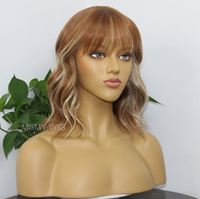 MSMYRNS Short Wavy Curly Bob Wig with Bangs Ginger Brown Mixed 613 Blonde Highlights Color Glueless Heat Resistant Synthetic Wig Full Wig For Women Girls Fashion 14 Inch