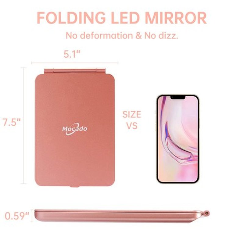 LED Foldable Travel Makeup Mirror - 5x7 inches 3 Colors Light Modes USB Rechargeable Touch Screen, Portable Tabletop Cosmetic for Travel, Cosmetic, Office (Rose Gold)
