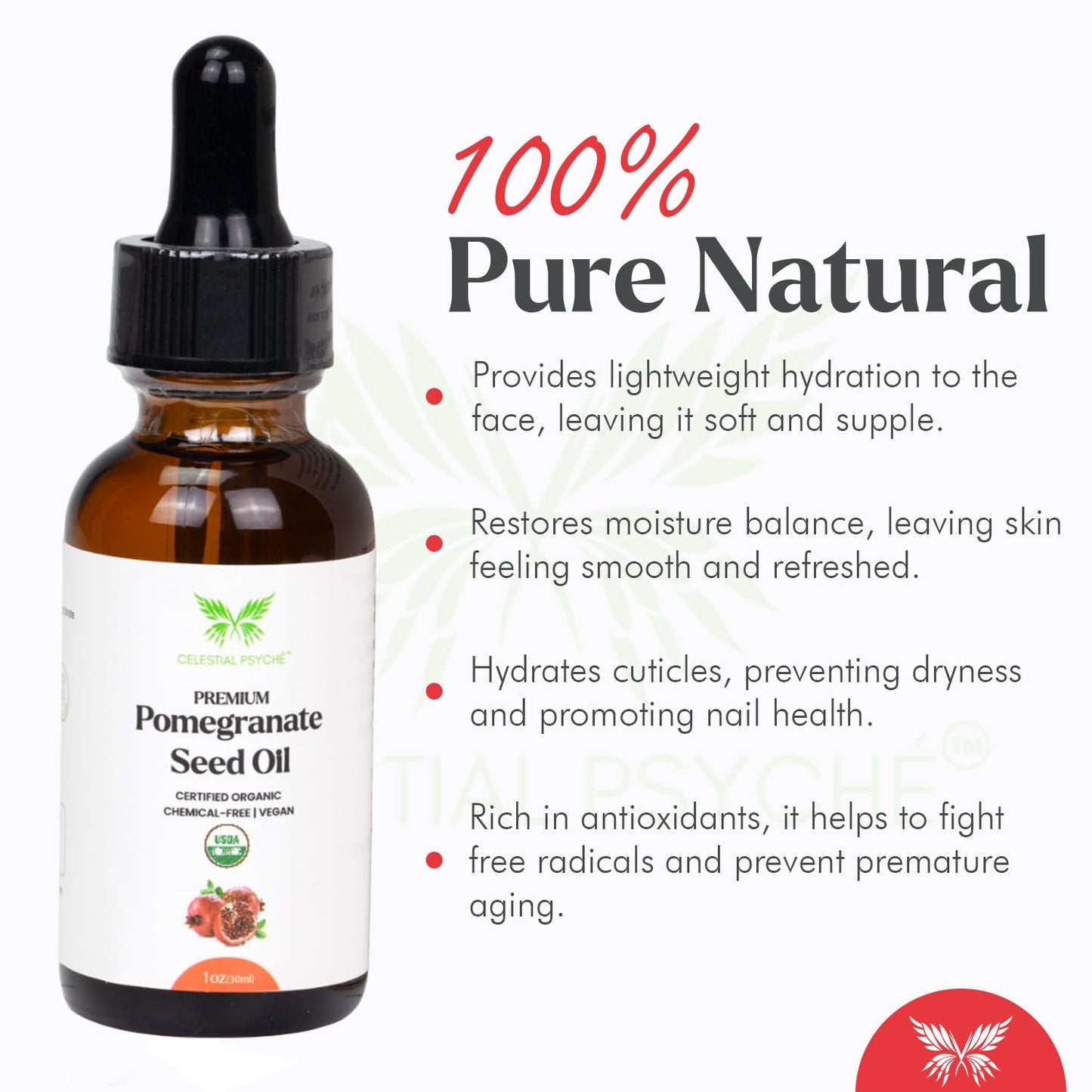 Celestial Psyché USDA Certified Organic Pomegranate Seed Oil (1 Oz) 100% Pure Natural, Hexane-Free, Face Moisturizer, Skin Hydration, Nails Natural Beauty Enhancement