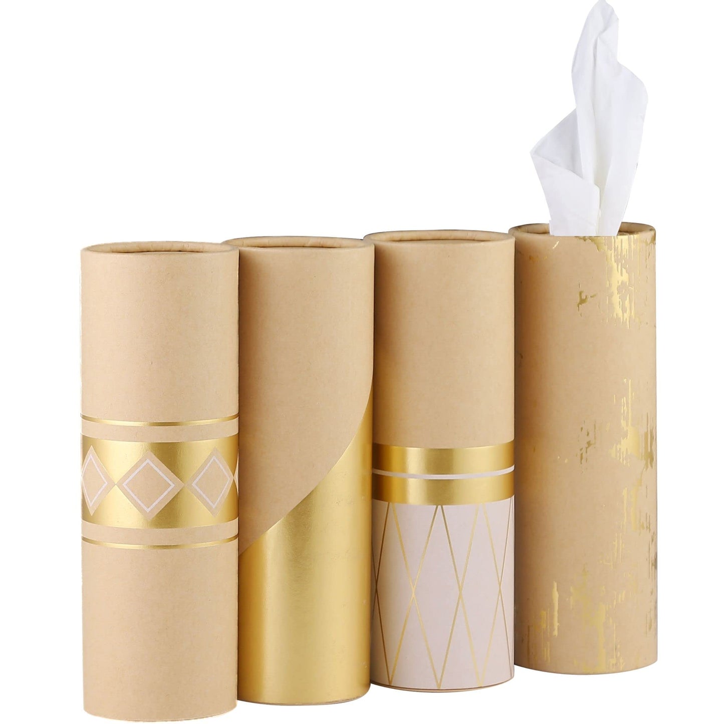 Car Tissue Holder with 3-ply Facial Tissues Bulk - 4 PK - Gold Foil Tissues Cylinder for Car Cup Holder, Travel Tissues, Refill Tissue Box Round Container Kraft