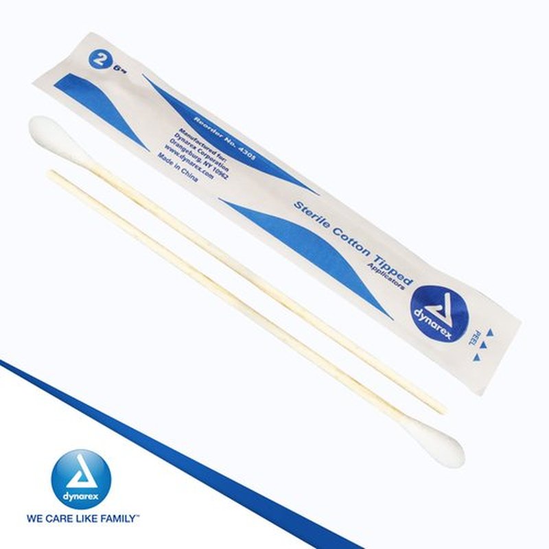 Dynarex 6-Inch Sterile Cotton Tipped Applicators - Single-Use Wooden Cotton Tip Applicators for Wound Care & Dressing, Hygiene, Make Up, Cleaning Tools, Jewelry - 1 Box of 100 Pouches, 2 per Pouch