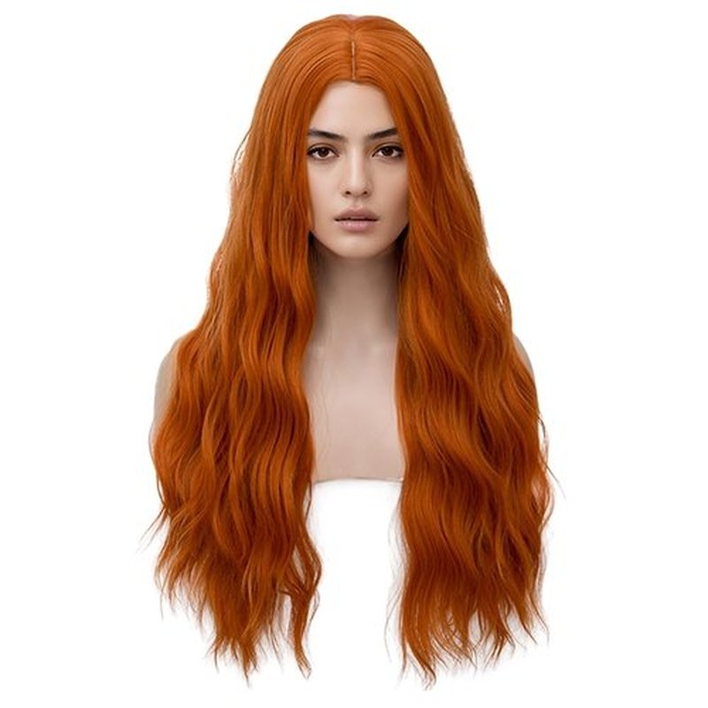 MAGQOO Dark Orange Wig Middle Part 28 Inches Long Curly Wavy Wig Dark Orange Hair Wigs Women Girls Synthetic Halloween Costume Cosplay Wig with Wig Cap(Dark Orange)