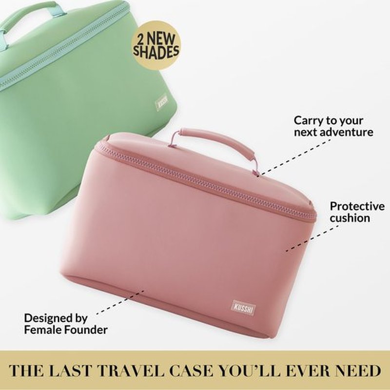 KUSSHI Neoprene Train Case Makeup Bag - Washable Makeup Travel Bag & Vanity Case for Stress Free Travel (Large, Sage/Coral Rose)