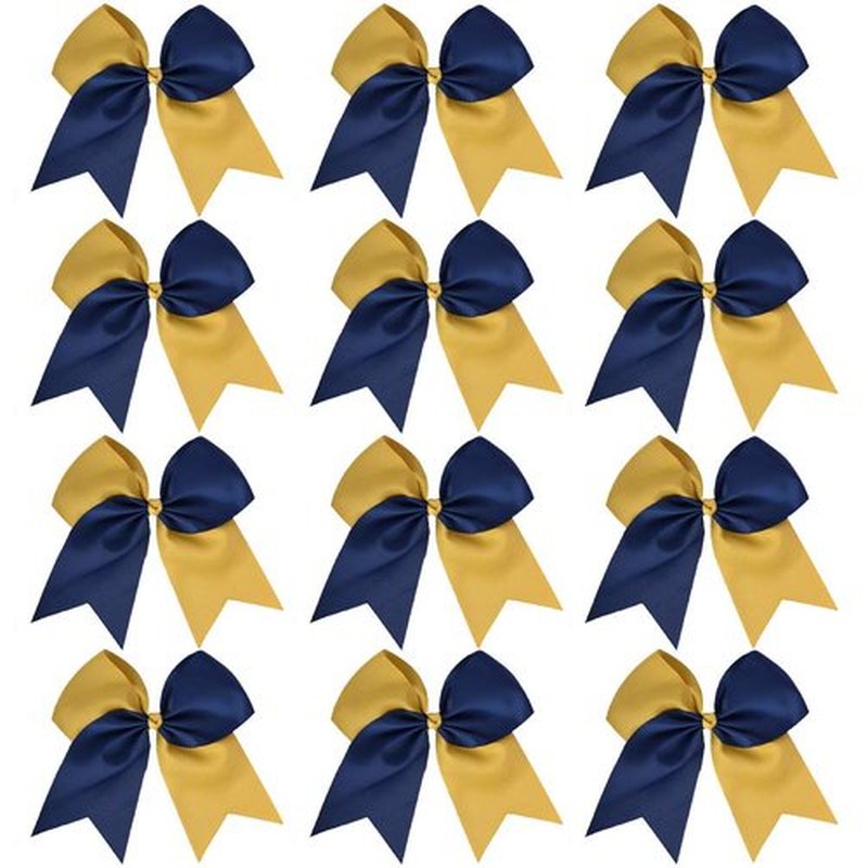 DEEKA 12PCS 8" Two Toned Large Cheer Hair Bows Ponytail Holder Handmade for Teen Girls Softball Cheerleader Sports-Navy Blue/Gold
