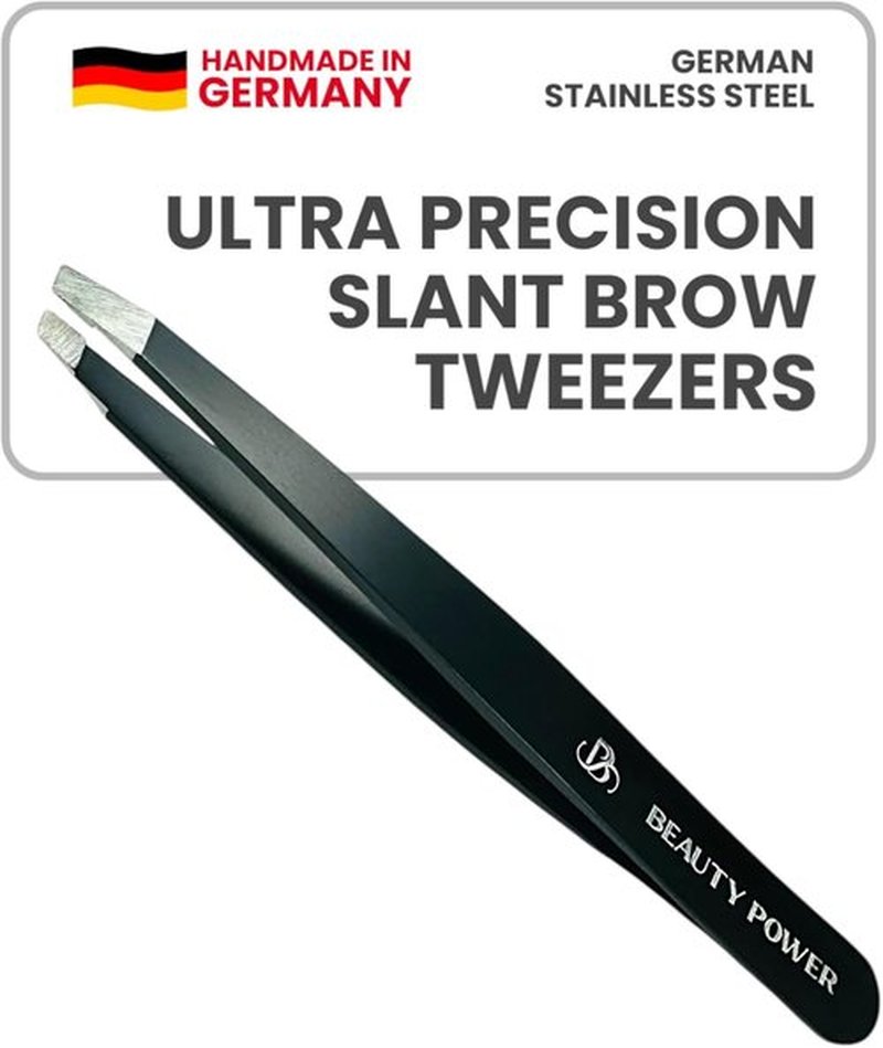 Beauty Power Professional Tweezers - Slant, Durable Lightweight German Stainless Steel, Ultra Precision Tweezers for Eyebrows, Facial Hair, Chin, and Ingrown Hair Removal (Matte Black)