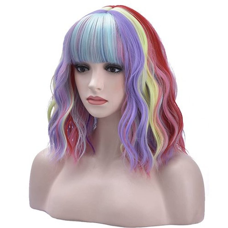 BERON 14 Inches Rainbow Wig Short Curly Wig with Bangs Synthetic Wigs Women Girls Colorful Wigs with Wig Cap