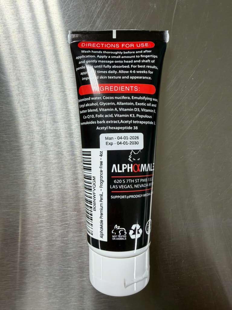 AlphaMale Premium Penile Health Creme Daily Moisturizer for Sensitive Skin - Coconut oil, CoQ10 and Allantoin for Dry, Sensitive Skin - Fragrance-Free Cream - Made in USA - 4oz