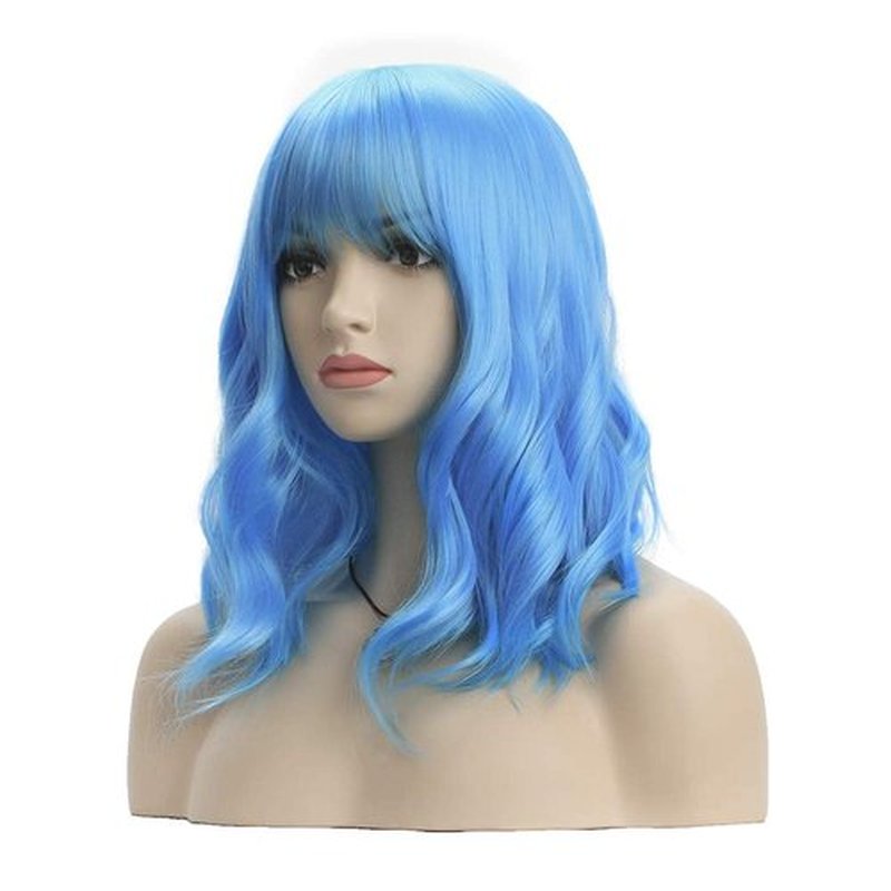 DAOTS Curly Wigs with Bangs for Women Girls Synthetic Wavy Hair Wig (14 inches, Light Blue)