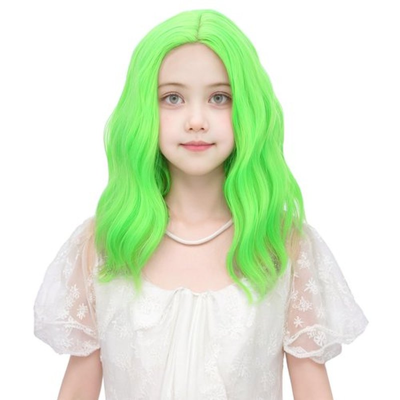 Ufindcos Green Wig for Kids Short Wavy Curly Wig Lime Green for Girls Side Part Bob Wig Synthetic Hair Wig with Wig Cap