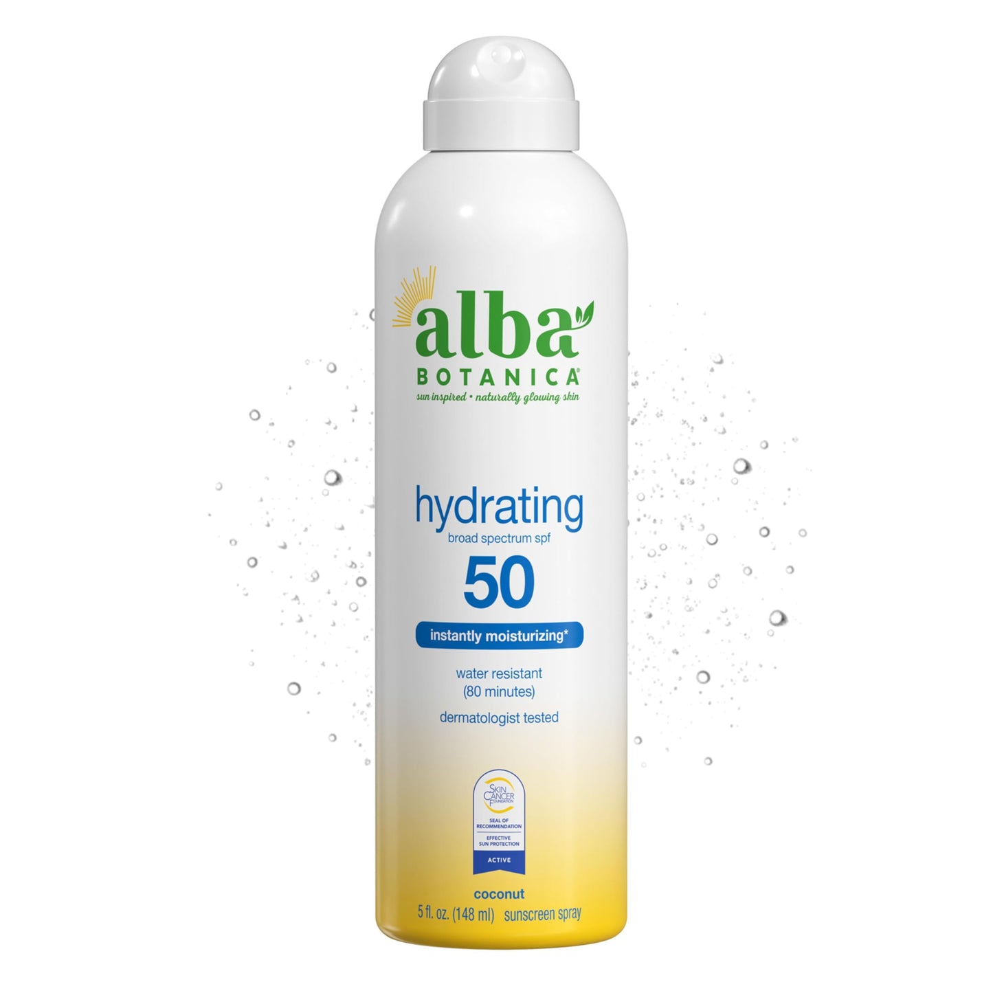Alba Botanica Hydrating Sunscreen Spray, SPF 50 Broad Spectrum Protection, Instantly Moisturizing, Water Resistant (80 minutes), Hypoallergenic, Oxybenzone-Free, 5 Fl. Oz