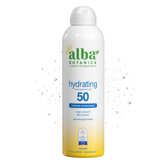 Alba Botanica Hydrating Sunscreen Spray, SPF 50 Broad Spectrum Protection, Instantly Moisturizing, Water Resistant (80 minutes), Hypoallergenic, Oxybenzone-Free, 5 Fl. Oz