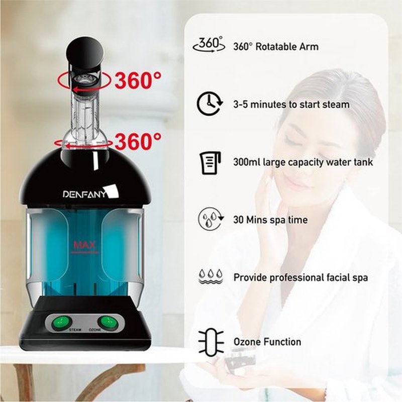 Facial Steamer - DENFANY Nano Ionic Face Steamer with Extendable 360° Rotating Arm - Portable Facial Steamer for Personal Care at Home or Salo (Black)