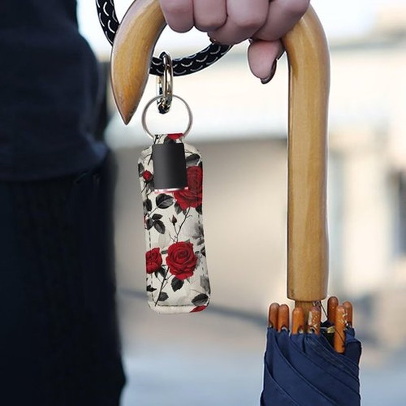 SEANATIVE Red Roses Lipstick Holder Keychain Neoprene Lip Balm Holder Portable Lip Gloss Keychain Pocket Keychain Clip-on Sleeve Chapstick Holder for Women Travel